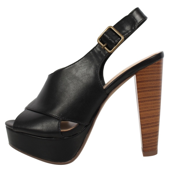 Black Peep Toe Sling Back Wooden Block Heel - Picture 2 of 5